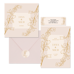 Hochzeitskartenset mit goldenen Glockenblumen Altrosa