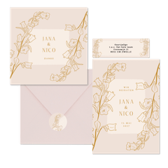 Hochzeitskartenset mit goldenen Glockenblumen Altrosa