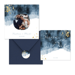 Hochzeitskartenset in blauem Aquarelldesign mit Goldflecken