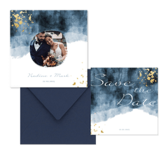 Hochzeitskartenset in blauem Aquarelldesign mit Goldflecken