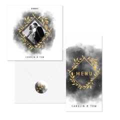 Hochzeitskartenset goldene Zweige auf schwarzem Aquarell