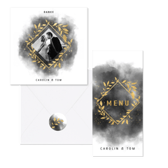 Hochzeitskartenset goldene Zweige auf schwarzem Aquarell