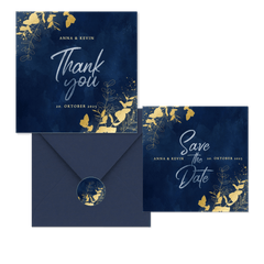 Hochzeitskartenset goldener Eukalyptus auf Dunkelblau