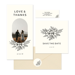 Hochzeitskartenset schlichte schwarze Blumen off-white