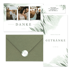 Hochzeitskartenset Zierliche Blätter Mintgrün