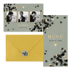 Hochzeitskartenset schwarzer Eukalyptus mit Gold