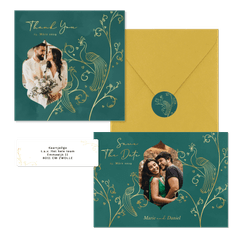 Hochzeitskartenset in Grün mit goldenen Pfauen 