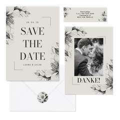 Hochzeitskartenset  Vintage Blumen als Kohlezeichnung