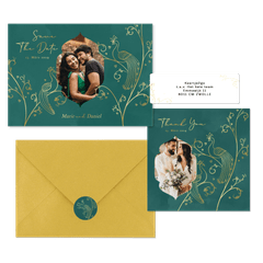 Hochzeitskartenset in Grün mit goldenen Pfauen 