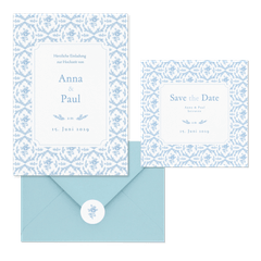 Hochzeitskartenset Hellblau englische Rosen klassisch