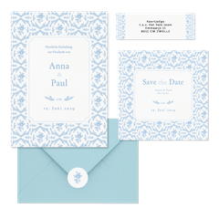 Hochzeitskartenset Hellblau englische Rosen klassisch