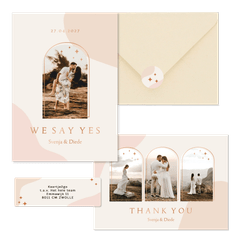 Hochzeitskartenset Bogenfenster auf Rosa mit Kupferelementen