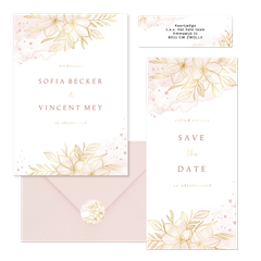 Hochzeitskartenset feine Blumen in Rosa-Aquarell mit Gold
