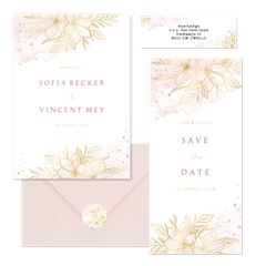Hochzeitskartenset feine Blumen in Rosa-Aquarell mit Gold