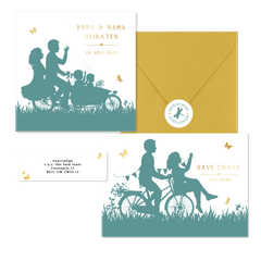 Hochzeitskartenset Scherenschnitt Brautpaar auf Fahrrad