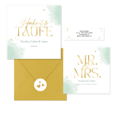 Hochzeitskartenset Wasserfarbe in Mintgrün & Gold