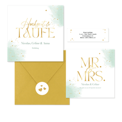 Hochzeitskartenset Wasserfarbe in Mintgrün & Gold
