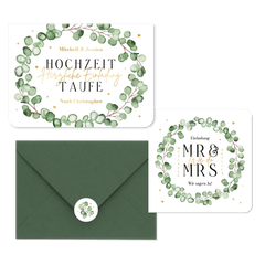 Hochzeitskartenset Eukalyptuszweige mit goldenen Herzchen