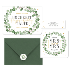 Hochzeitskartenset Eukalyptuszweige mit goldenen Herzchen