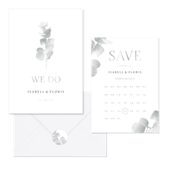 Hochzeitskartenset einfacher Eukalyptuszweig in Silber