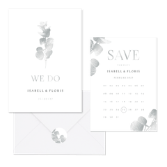 Hochzeitskartenset einfacher Eukalyptuszweig in Silber