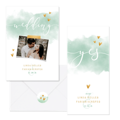 Hochzeitskartenset mintgrün Aquarell mit Herzen