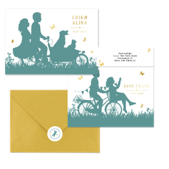 Hochzeitskartenset Scherenschnitt Brautpaar auf Fahrrad