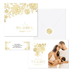 Hochzeitskartenset goldene Blumenspitze auf Weiß