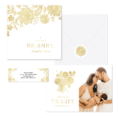 Hochzeitskartenset goldene Blumenspitze auf Weiß