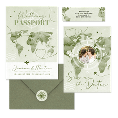 Hochzeitskartenset Aqaurell Weltkarte und Flugzeug in Grün