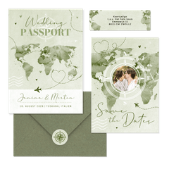 Hochzeitskartenset Aqaurell Weltkarte und Flugzeug in Grün
