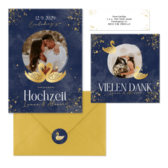 Hochzeitkartenset mit zwei goldenen Schwänen auf Dunkelblau