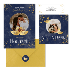 Hochzeitkartenset mit zwei goldenen Schwänen auf Dunkelblau