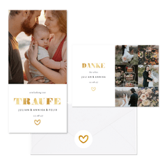 Hochzeitskarten simpel Goldlook mit Fotos