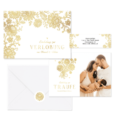 Hochzeitskartenset goldene Blumenspitze auf Weiß