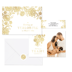 Hochzeitskartenset goldene Blumenspitze auf Weiß