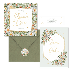 Hochzeitskartenset Pfingstrose Blumenbukett Mintgrün