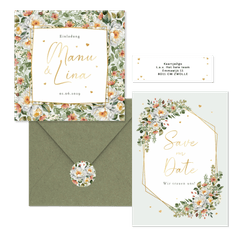 Hochzeitskartenset Pfingstrose Blumenbukett Mintgrün