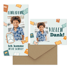 Einschulung - Dankeskarte Schulranzen und Büchern