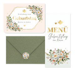 Geburstatgseinlandung Teekanne Blumen