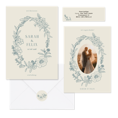 Hochzeitskartenset klassischer Blumenkranz in Blau