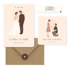 Hochzeitskartenset Illustrationen Brautpaar auf Beige