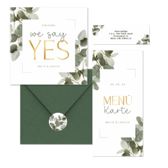 Hochzeitskarten dunkle Eukalyptuszweige & Schreibschrift