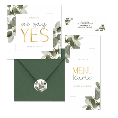 Hochzeitskarten dunkle Eukalyptuszweige & Schreibschrift