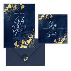 Hochzeitskartenset goldener Eukalyptus auf Dunkelblau