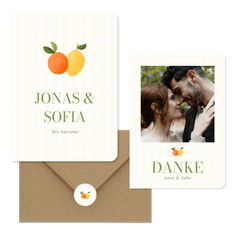 Hochzeitskartenset Mandarine und Zitrone auf gelben Karos