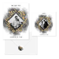 Hochzeitskartenset goldene Zweige auf schwarzem Aquarell