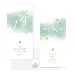 Hochzeitskartenset mintgrün Aquarell mit Herzen