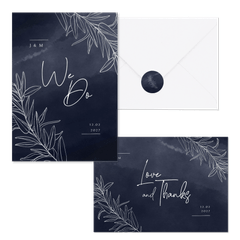 Hochzeitskartenset feine Zweige auf Aquarell in Nachtblau