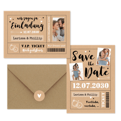 Hochzeitskarten als Ticket-Set in Kraftpapier